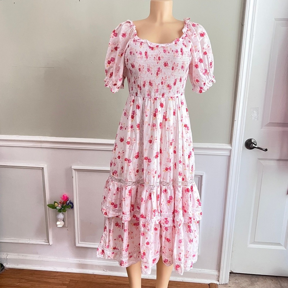 LoveShackFancy Dress Small Smocked Midi Puff Sleeve Pink Cottage Shabby Chic